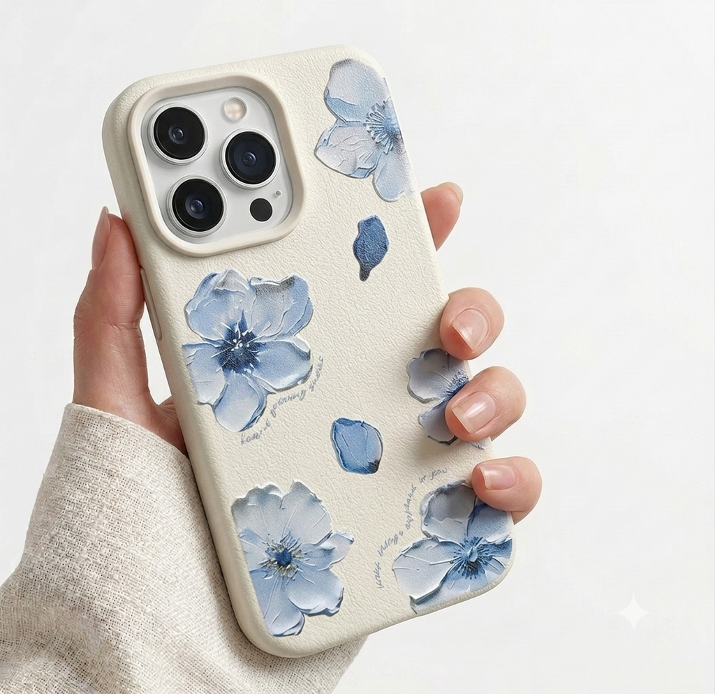 Case Minimalista Floral para iPhone – Branca e Preta com Flores Azuis