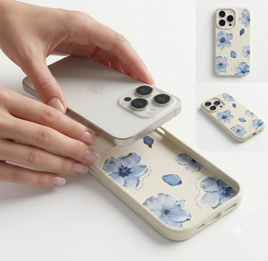 Case Minimalista Floral para iPhone – Branca e Preta com Flores Azuis