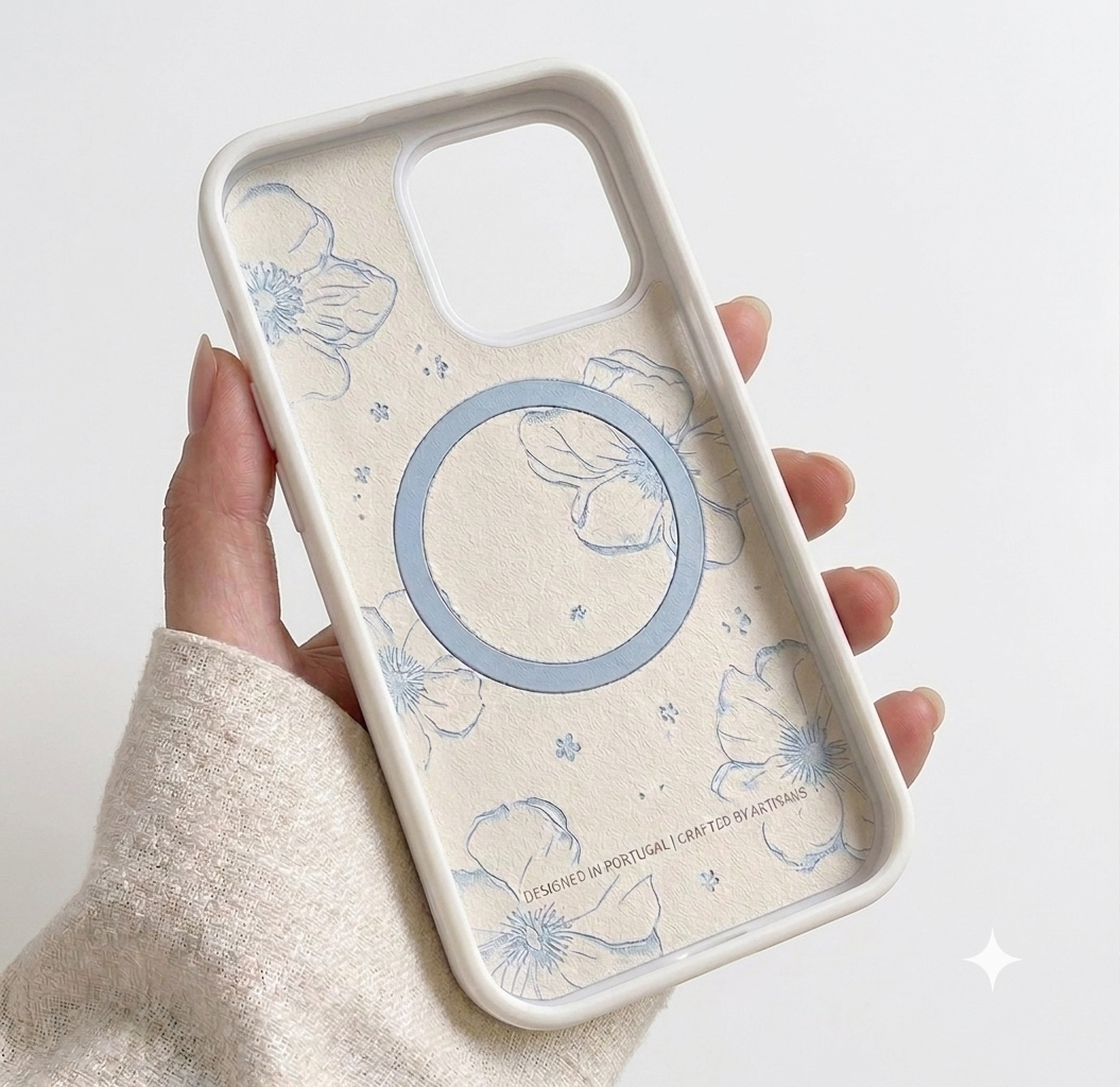 Case Minimalista Floral para iPhone – Branca e Preta com Flores Azuis