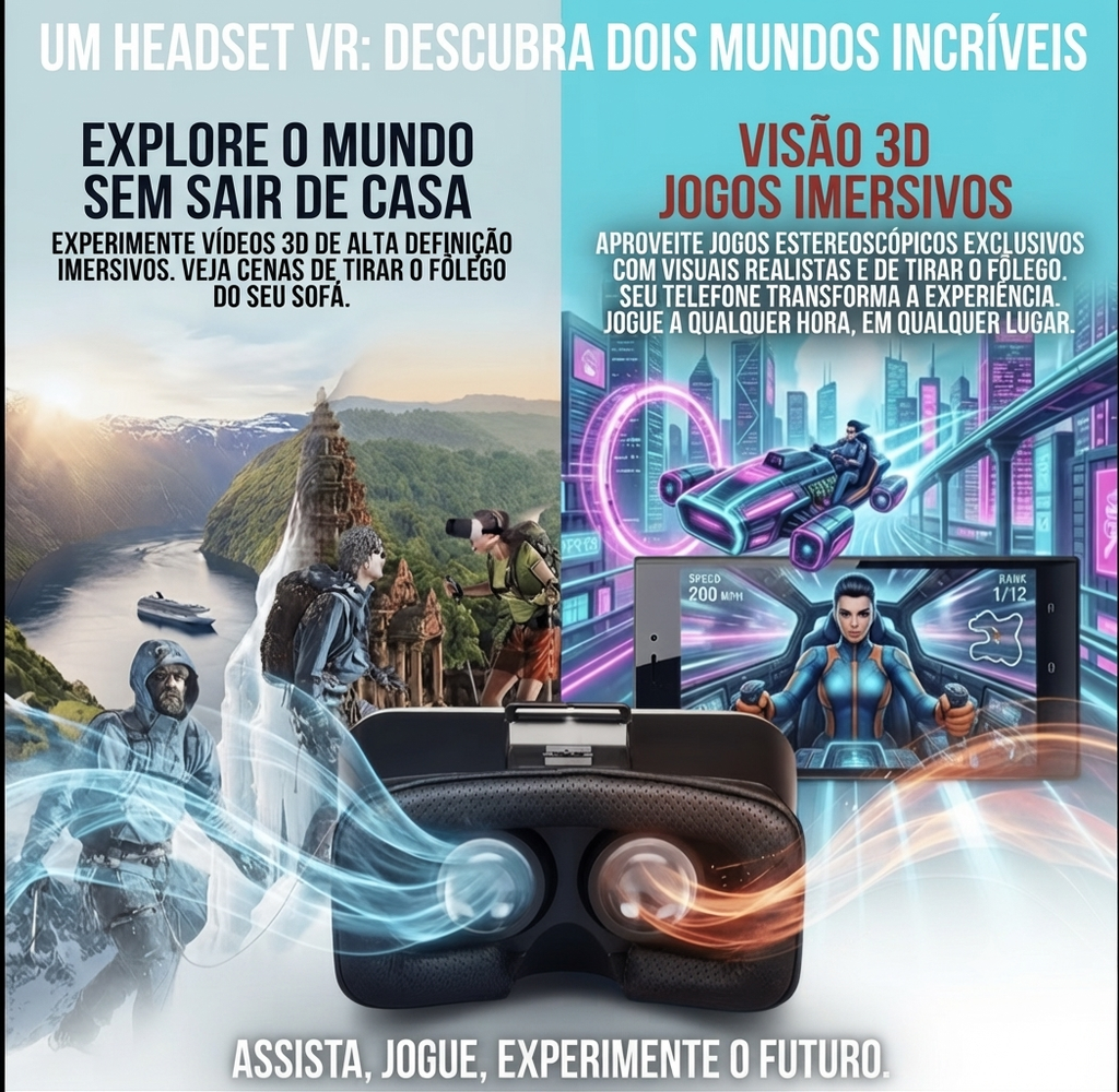 Óculos de Realidade Virtual 3D VR Smart para iPhone e Android com Lentes HD Ajustáveis