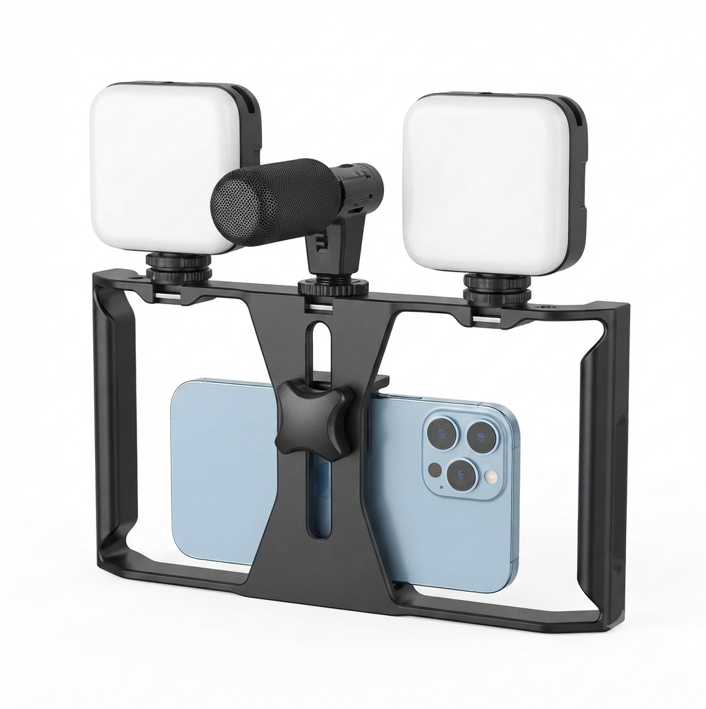 Estabilizador Portátil Versátil para Celular com Suporte para Microfone – 3 Sapatas Frias e Múltiplas Roscas 1/4” para Fotos, Vídeos e Lives
