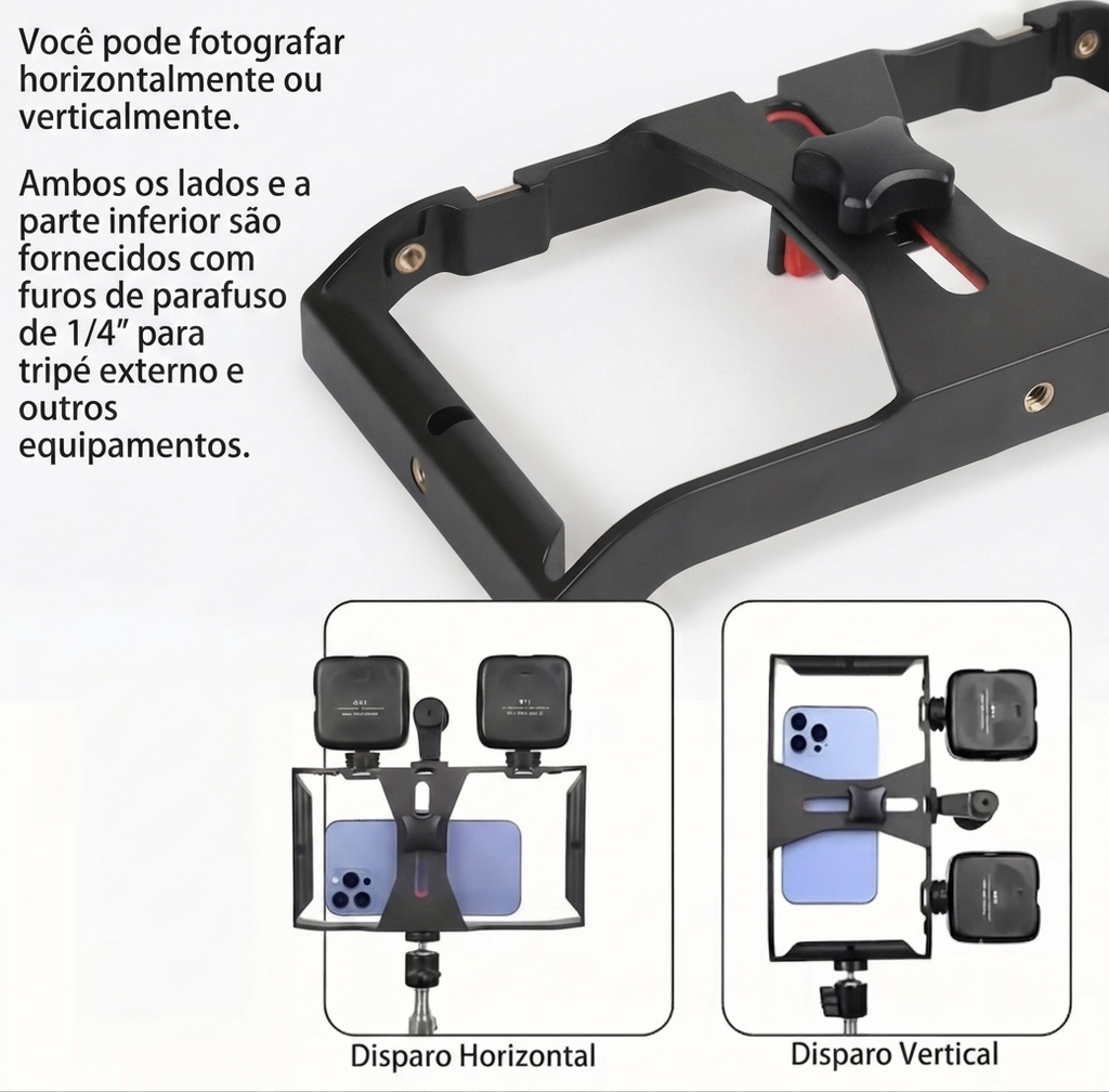 Estabilizador Portátil Versátil para Celular com Suporte para Microfone – 3 Sapatas Frias e Múltiplas Roscas 1/4” para Fotos, Vídeos e Lives