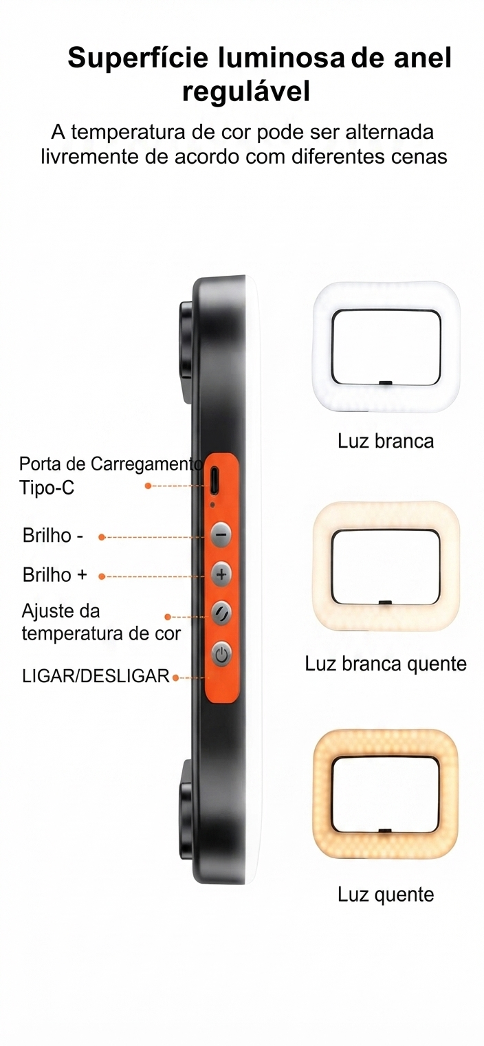 Luz LED Portátil para Celular com Suporte de Mão | Iluminação Profissional para Selfies, Vlogs e Conteúdos
